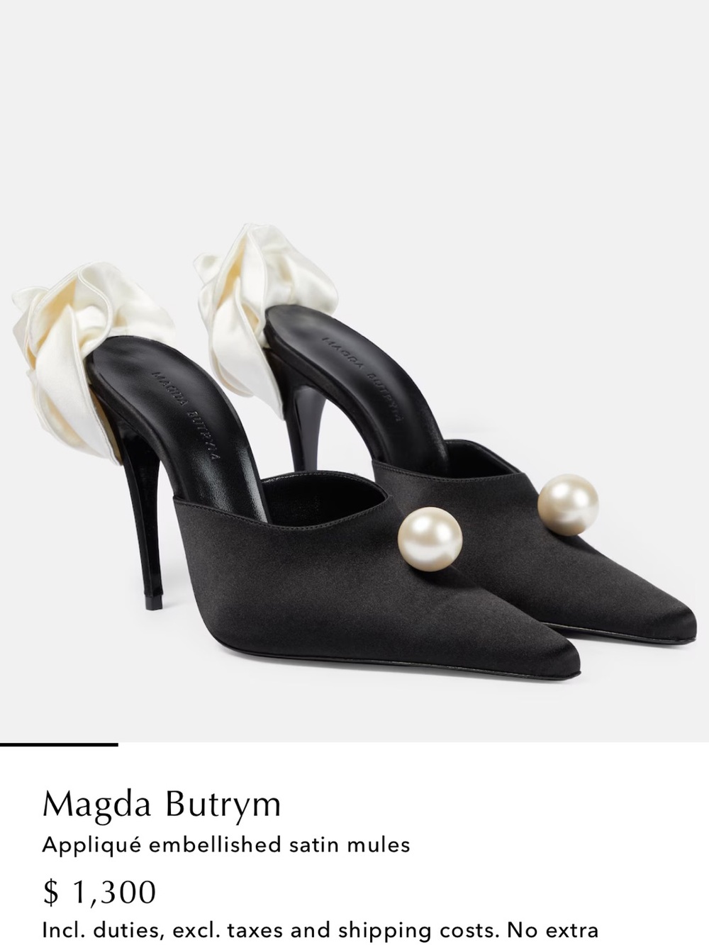 Magda Butrym Black Satin Mules with Pearl and Ivory Bow